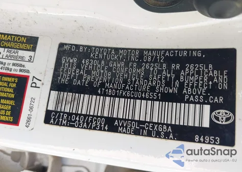 2012 Toyota Camry Hybrid Xle from USA, damaged, VIN 4T1BD1FK6CU046551